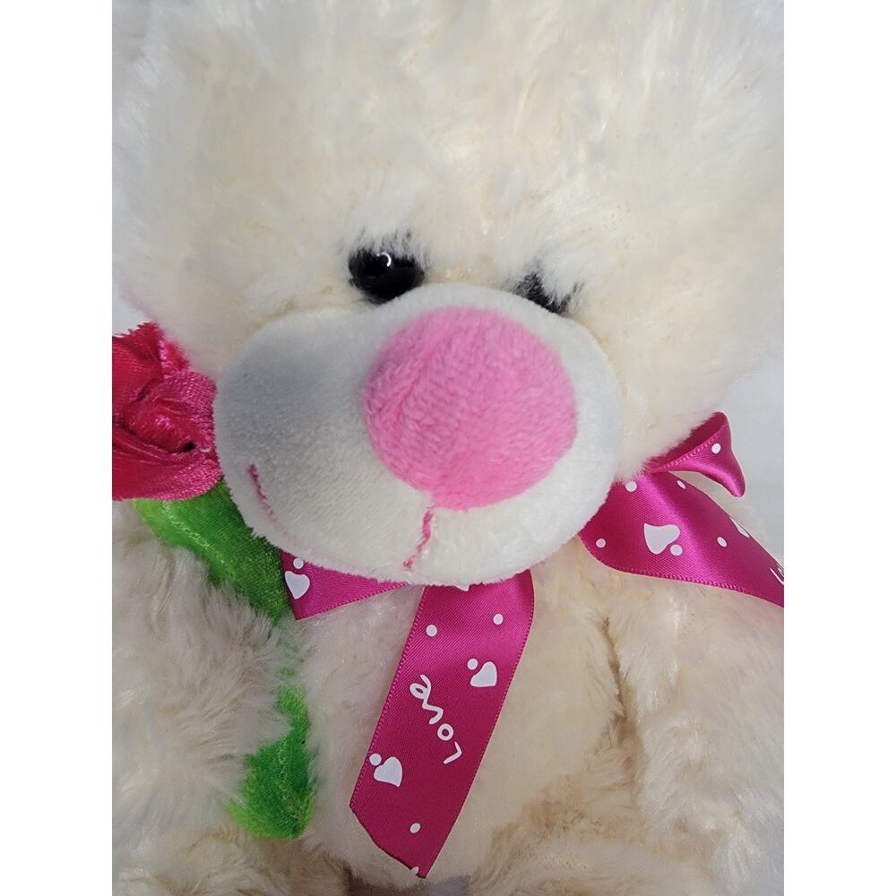Vtg Kellytoy LOVE BEAR White Holding Pink Rose - Picture 2 of 10
